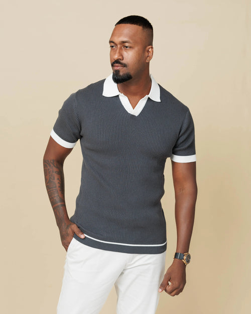 Contrast Knit Johnny Collar Polo Gray-XL-Polo-collar - Legacy London