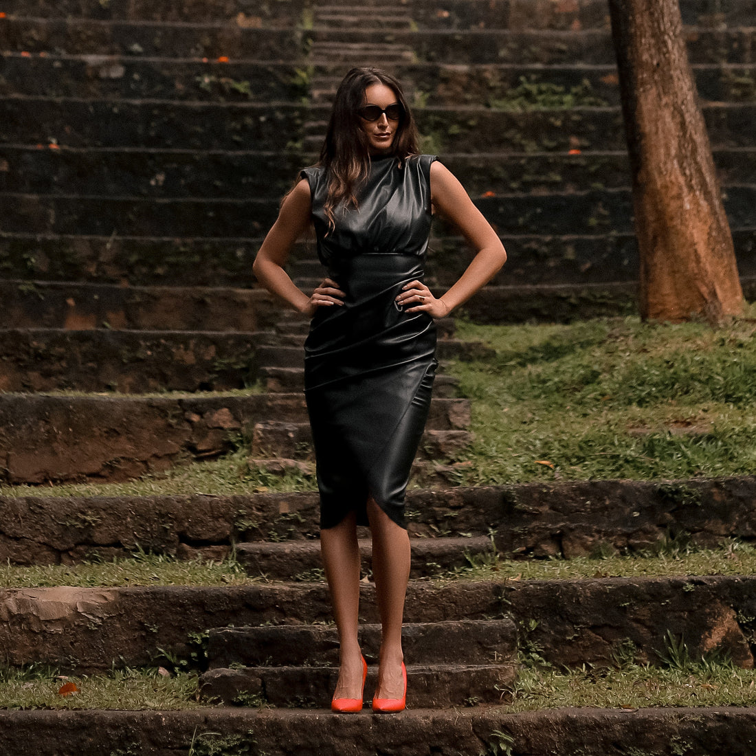 Carlos Sculpted Leather Midi Dress in Black, Legacy London