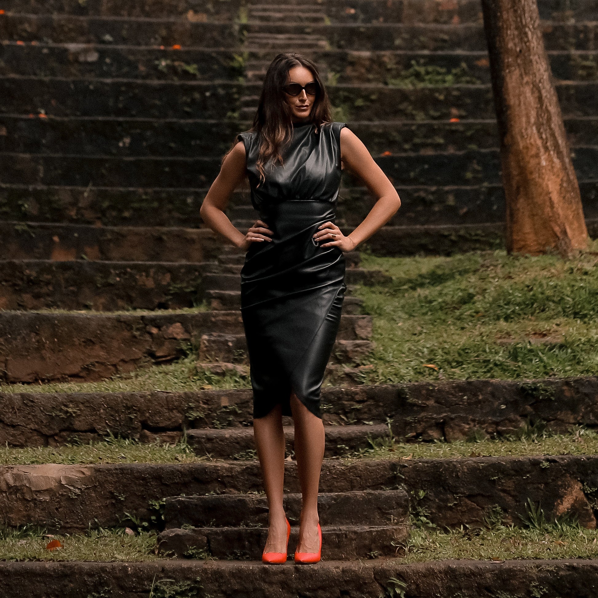Carlos Sculpted Leather Midi Dress in Black, Legacy London