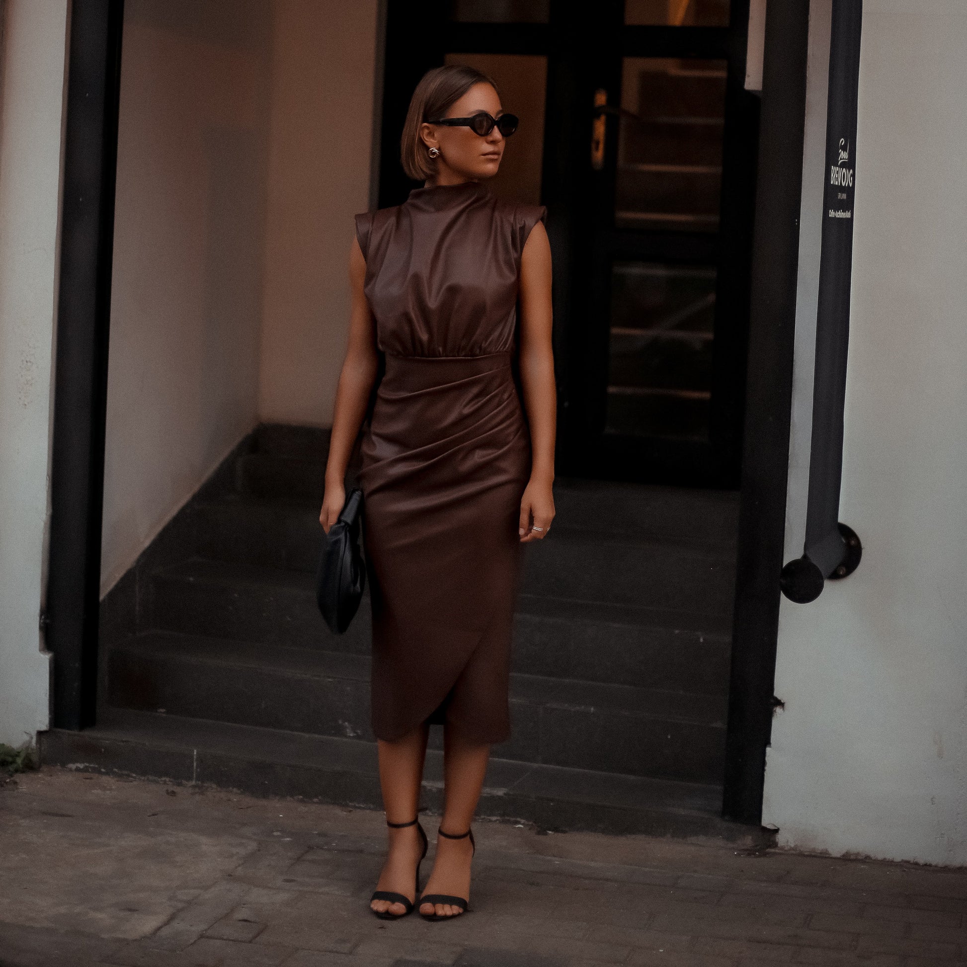 Carlos Sculpted Leather Midi Dress in Dark Brown, Legacy London