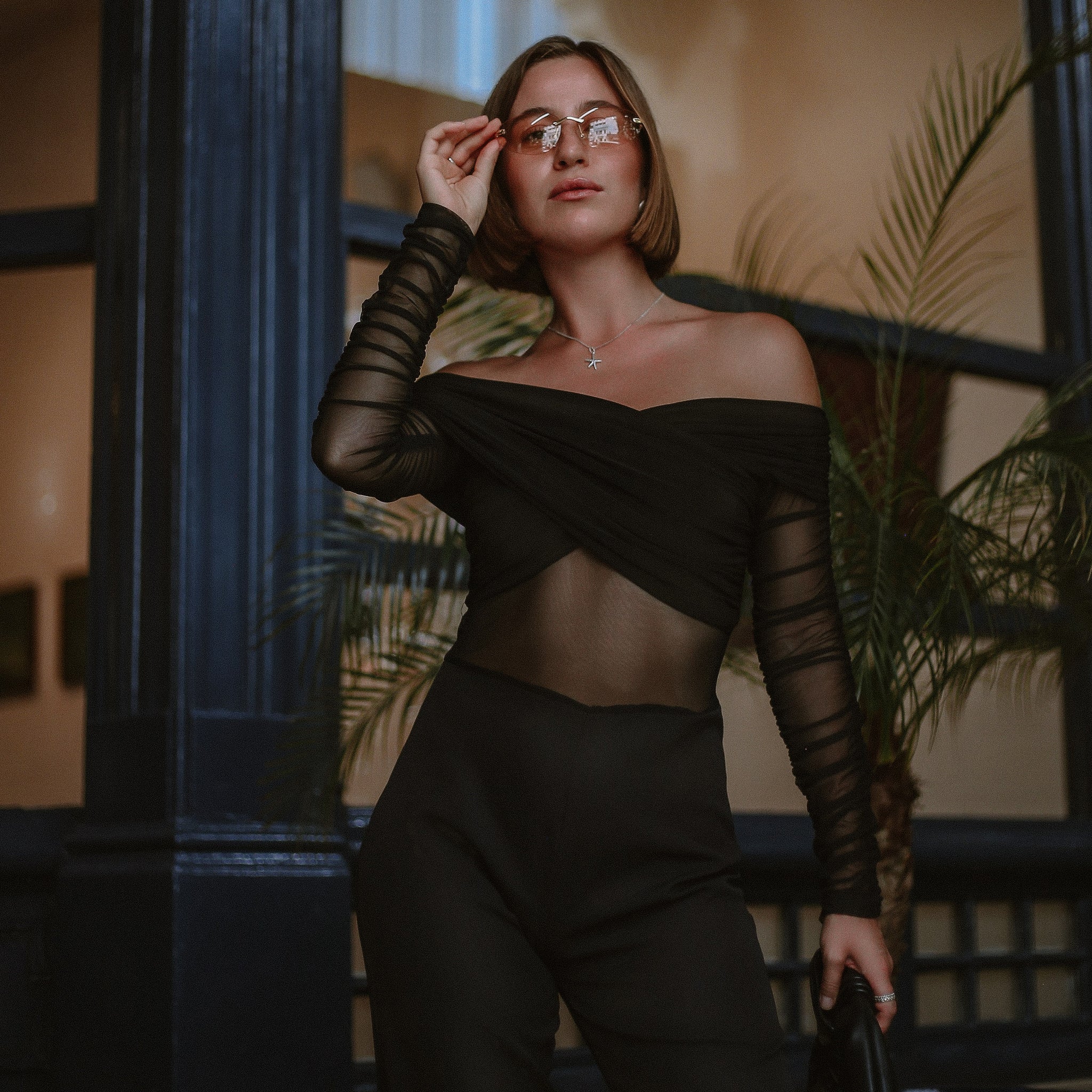 Davies Mesh Bodysuit & Tailored Trousers in Black, Legacy London
