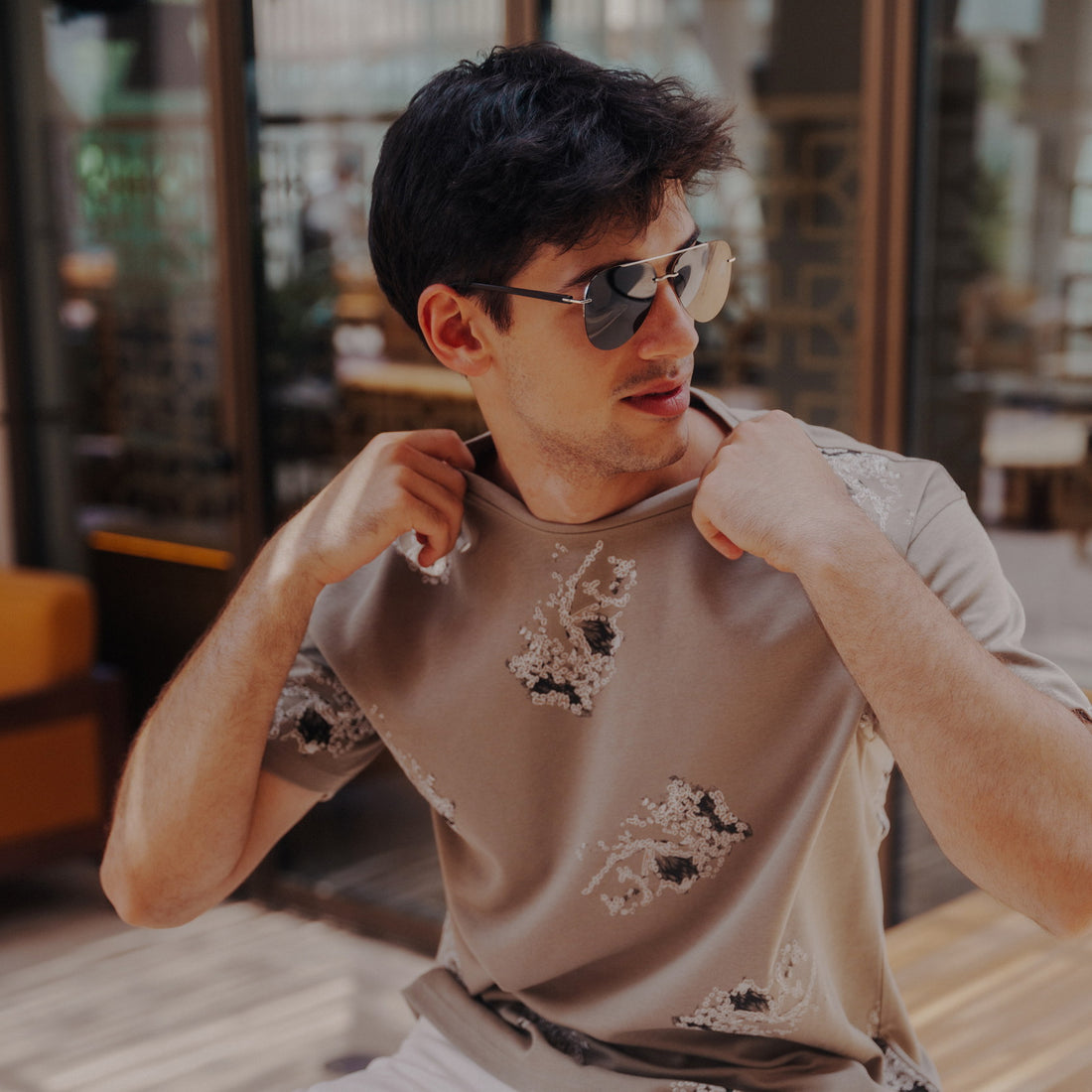 Legacy Abstract Print Oversized Tee in Grayish Olive, Legacy London