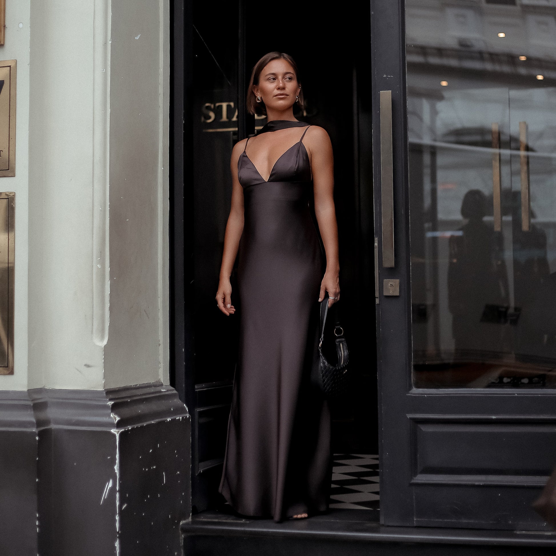 Mount Street Satin Scarf-Neck Maxi Dress in Dark Wine, Legacy London