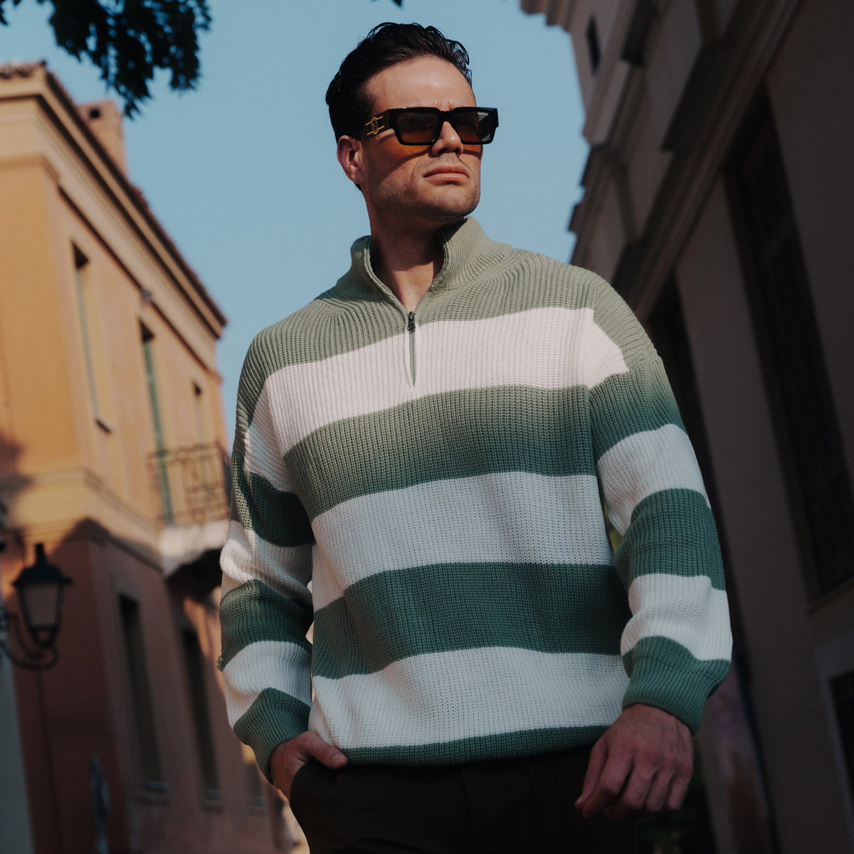 Soft Horizon Zipper Pullover in Sage Green, Legacy London