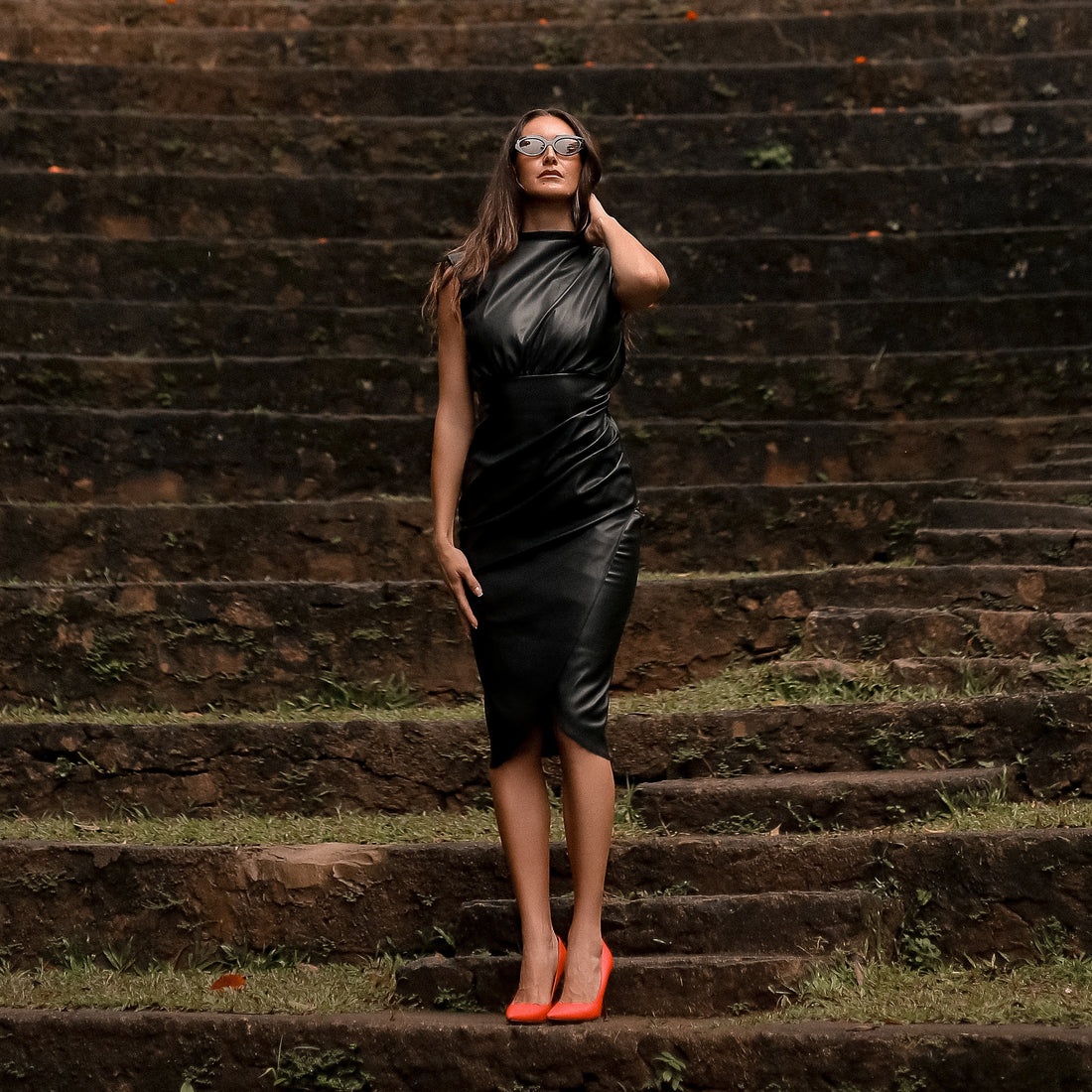 Carlos Sculpted Leather Midi Dress in Black, Legacy London