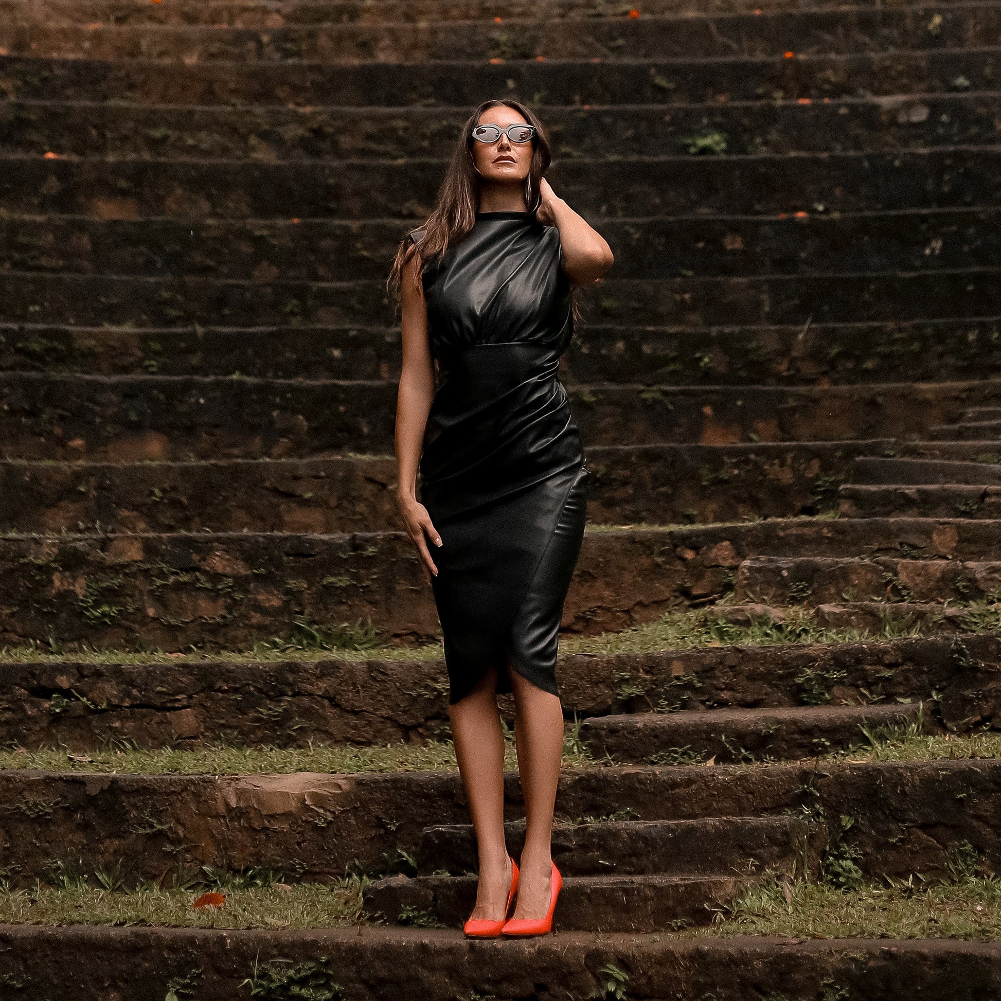 Carlos Sculpted Leather Midi Dress in Black, Legacy London