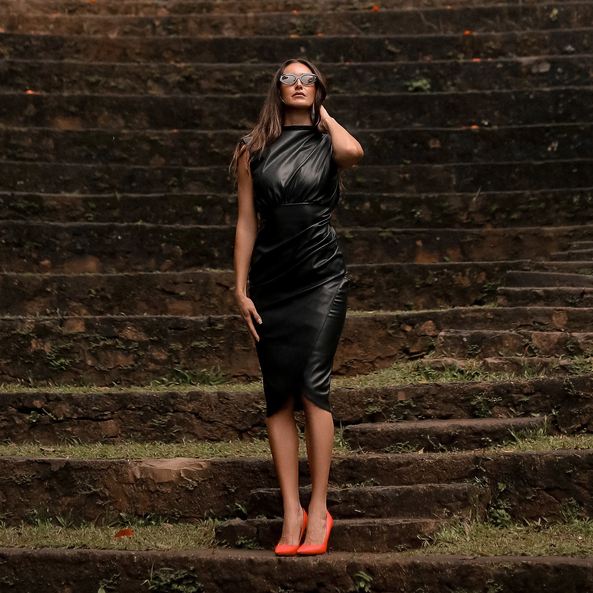 Carlos Sculpted Leather Midi Dress in Black, Legacy London