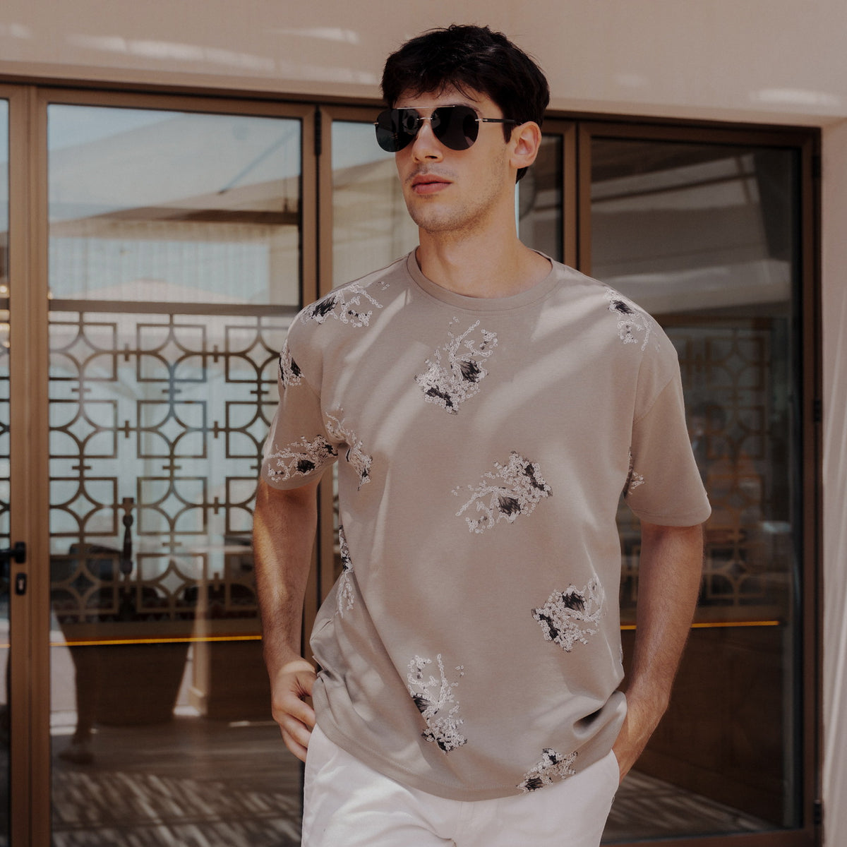 Legacy Abstract Print Oversized Tee in Grayish Olive, Legacy London