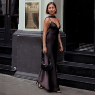 Mount Street Satin Scarf-Neck Maxi Dress in Dark Wine, Legacy London