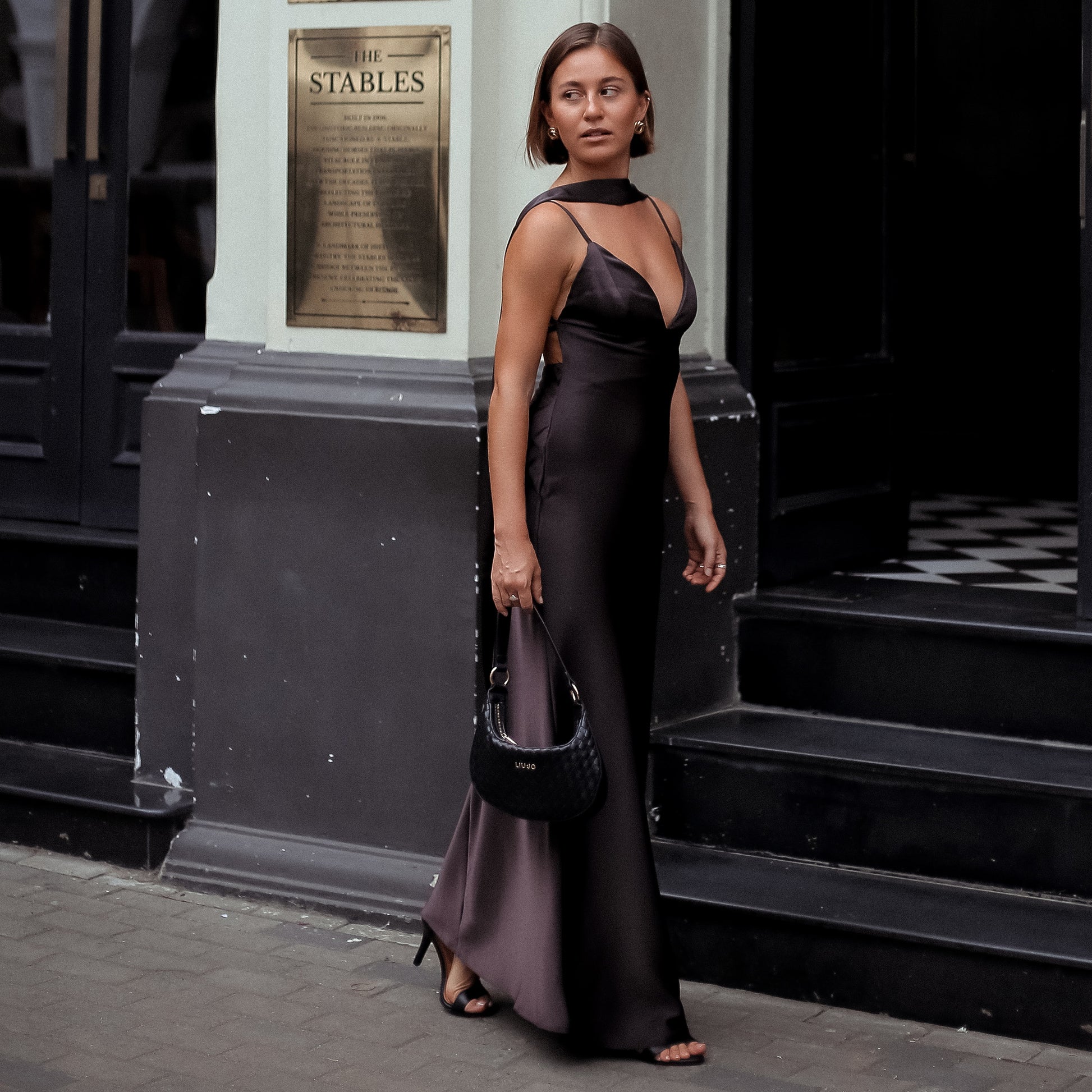 Mount Street Satin Scarf-Neck Maxi Dress in Dark Wine, Legacy London