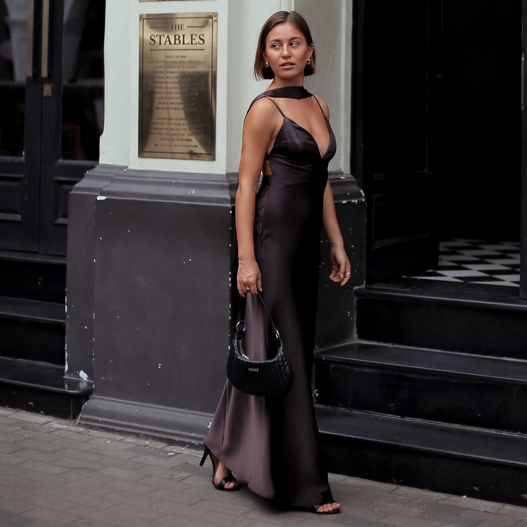 Mount Street Satin Scarf-Neck Maxi Dress in Dark Wine, Legacy London