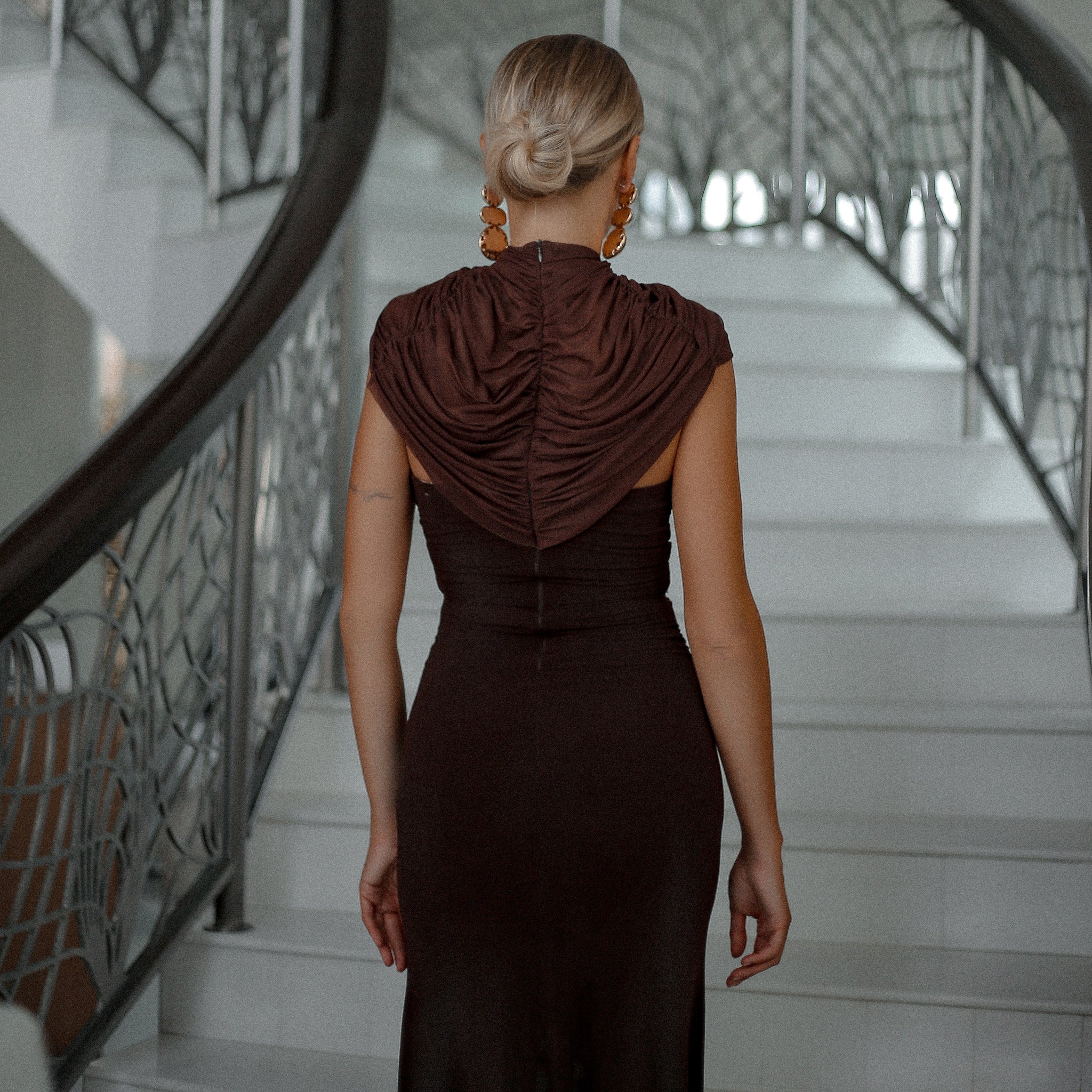 Audley Ruched Fishtail Maxi Dress in Chocolate, Legacy London