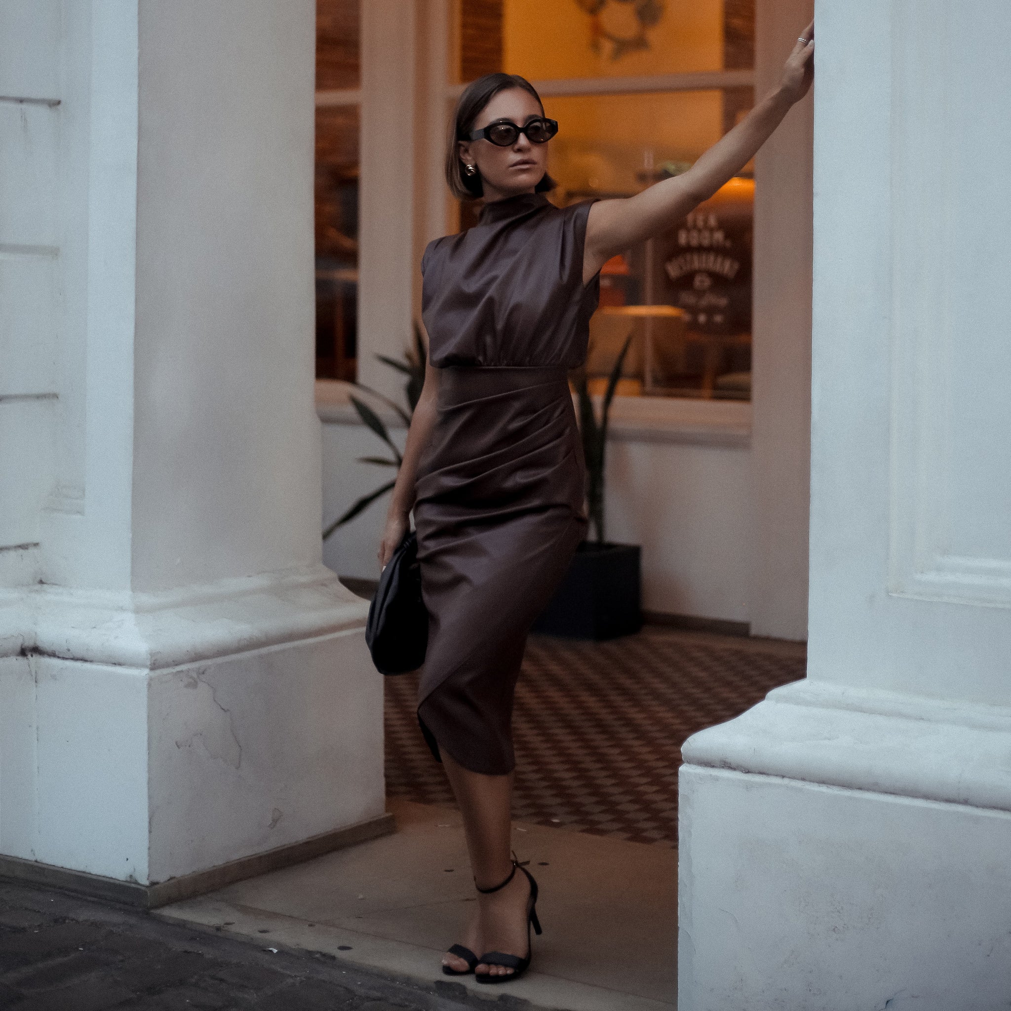 Carlos Sculpted Leather Midi Dress in Dark Brown, Legacy London