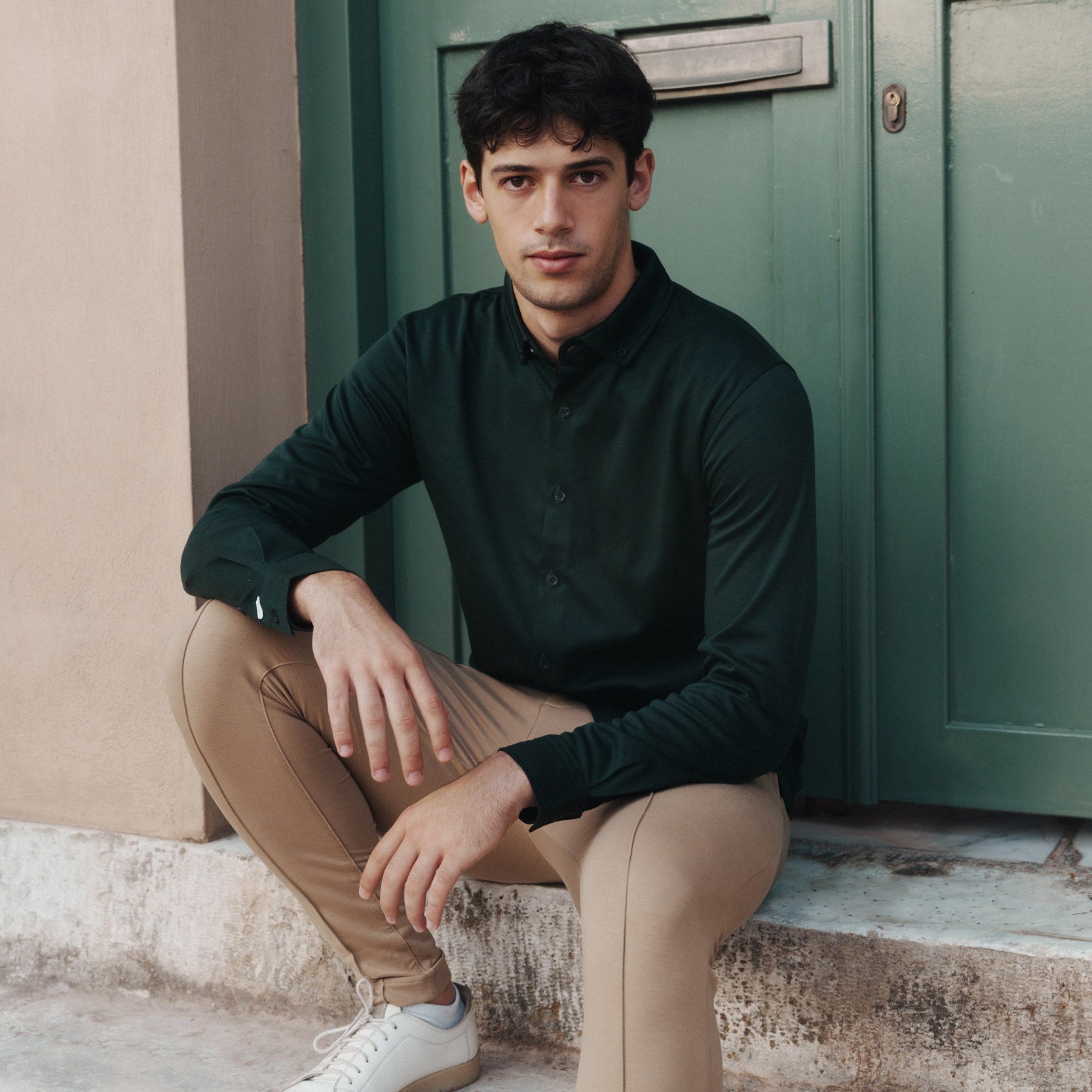 Forma Long-Sleeved Knit Shirt in Dark Green, Legacy London