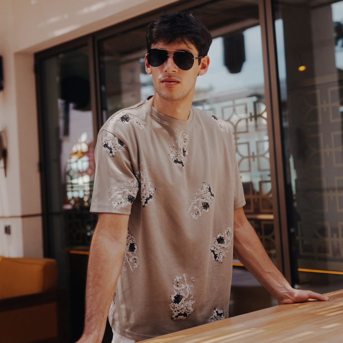 Legacy Abstract Print Oversized Tee in Grayish Olive, Legacy London