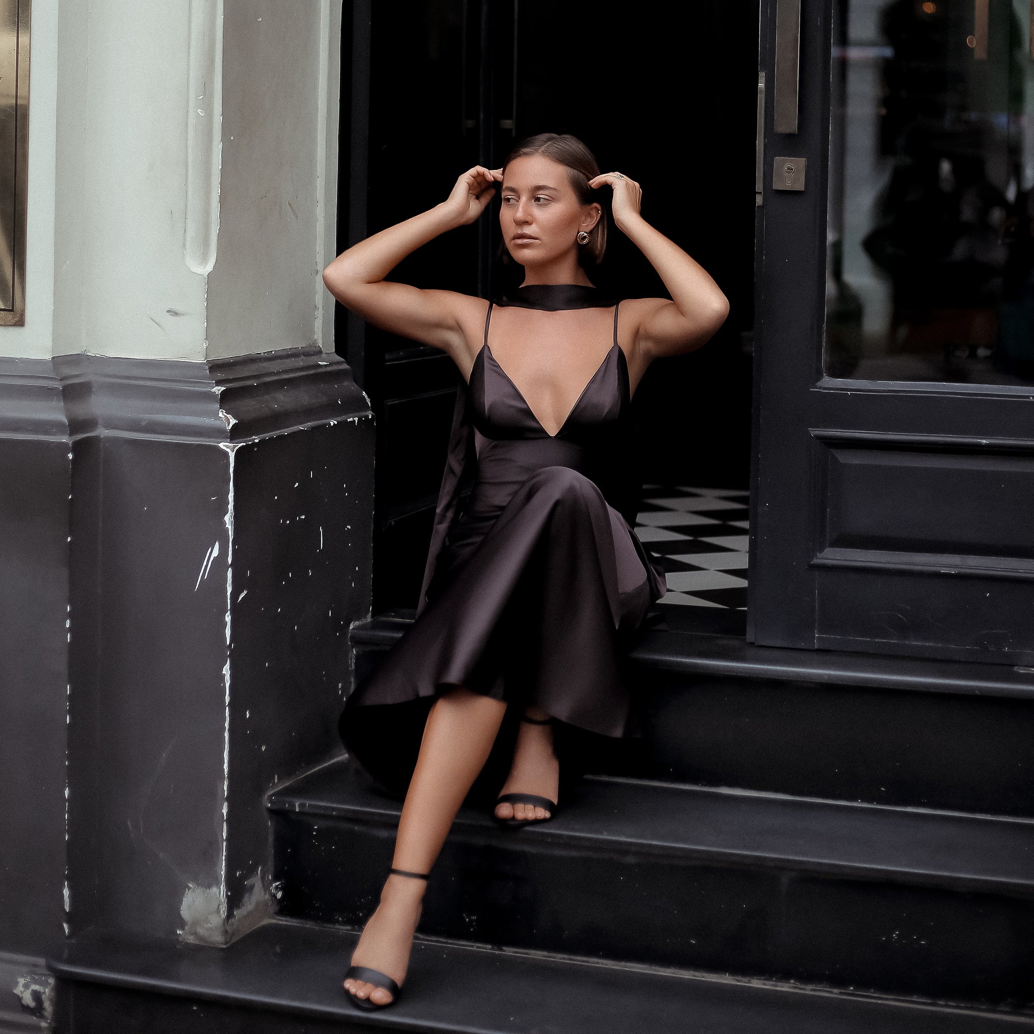 Mount Street Satin Scarf-Neck Maxi Dress in Dark Wine, Legacy London