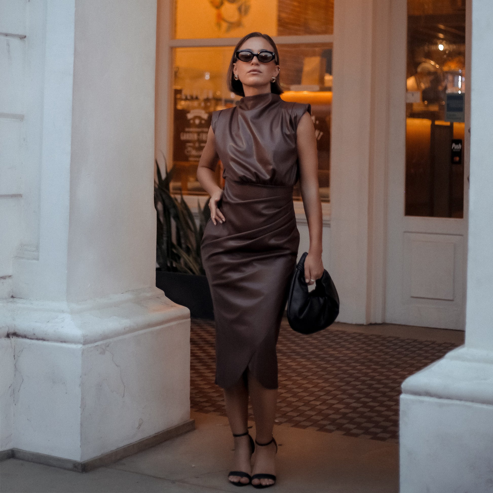 Carlos Sculpted Leather Midi Dress in Dark Brown, Legacy London