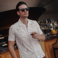 Embossed Leaf Cuban Collar Knit Polo in Brown / Green, Legacy London