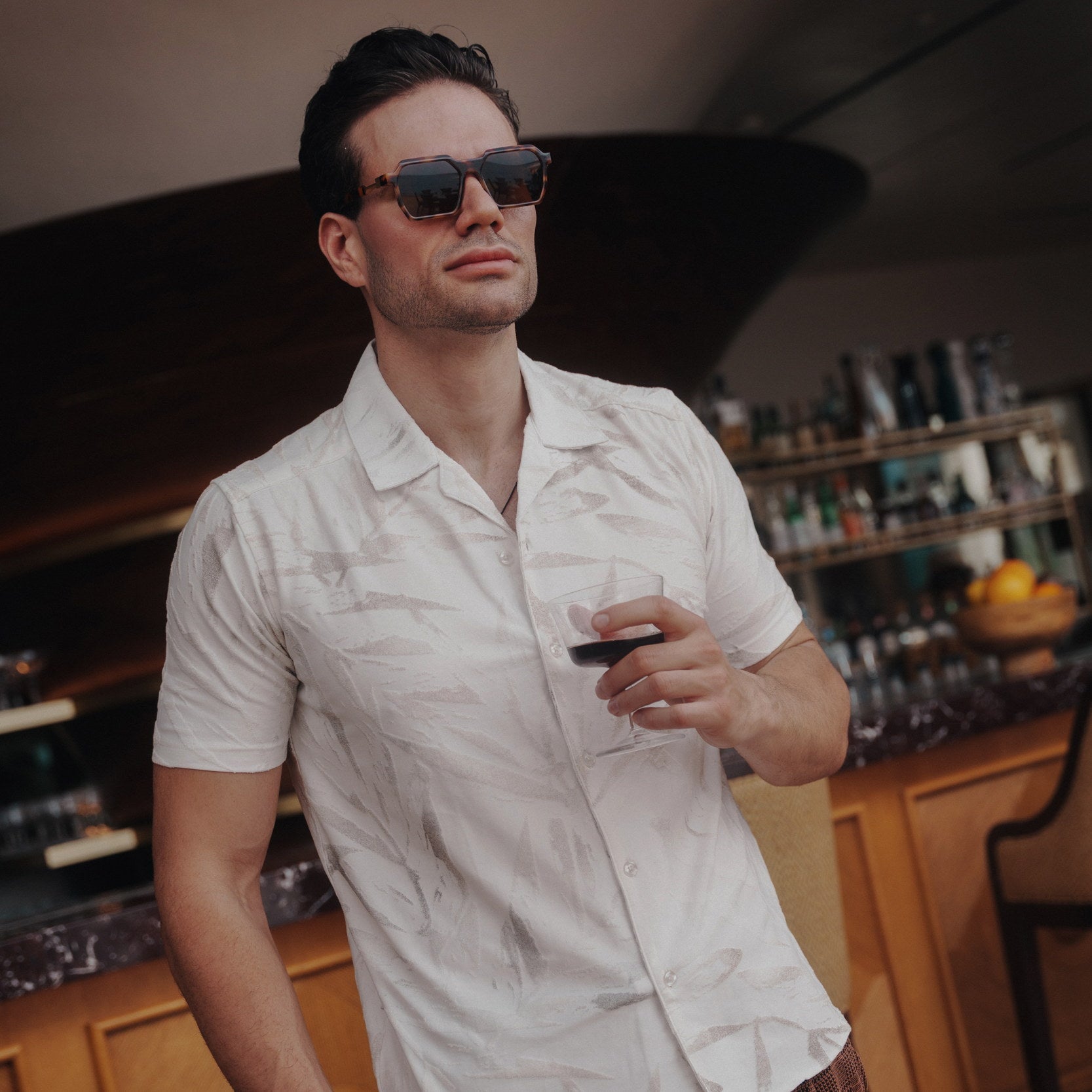 Embossed Leaf Cuban Collar Knit Polo in Brown / Green, Legacy London
