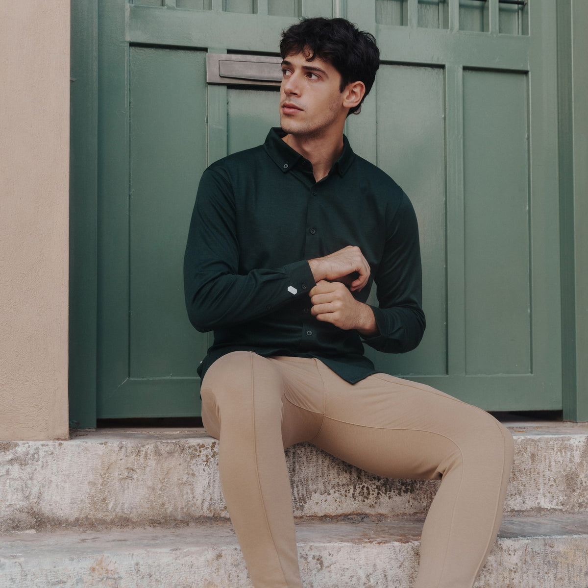 Forma Long-Sleeved Knit Shirt in Dark Green, Legacy London