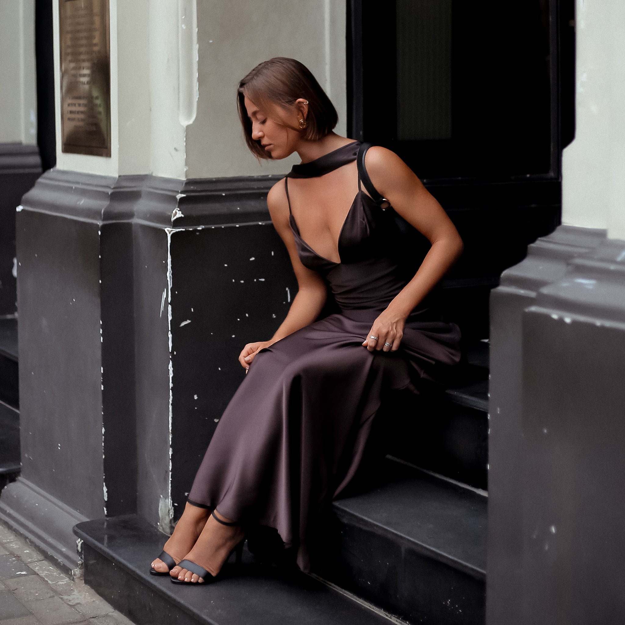 Mount Street Satin Scarf-Neck Maxi Dress in Dark Wine, Legacy London