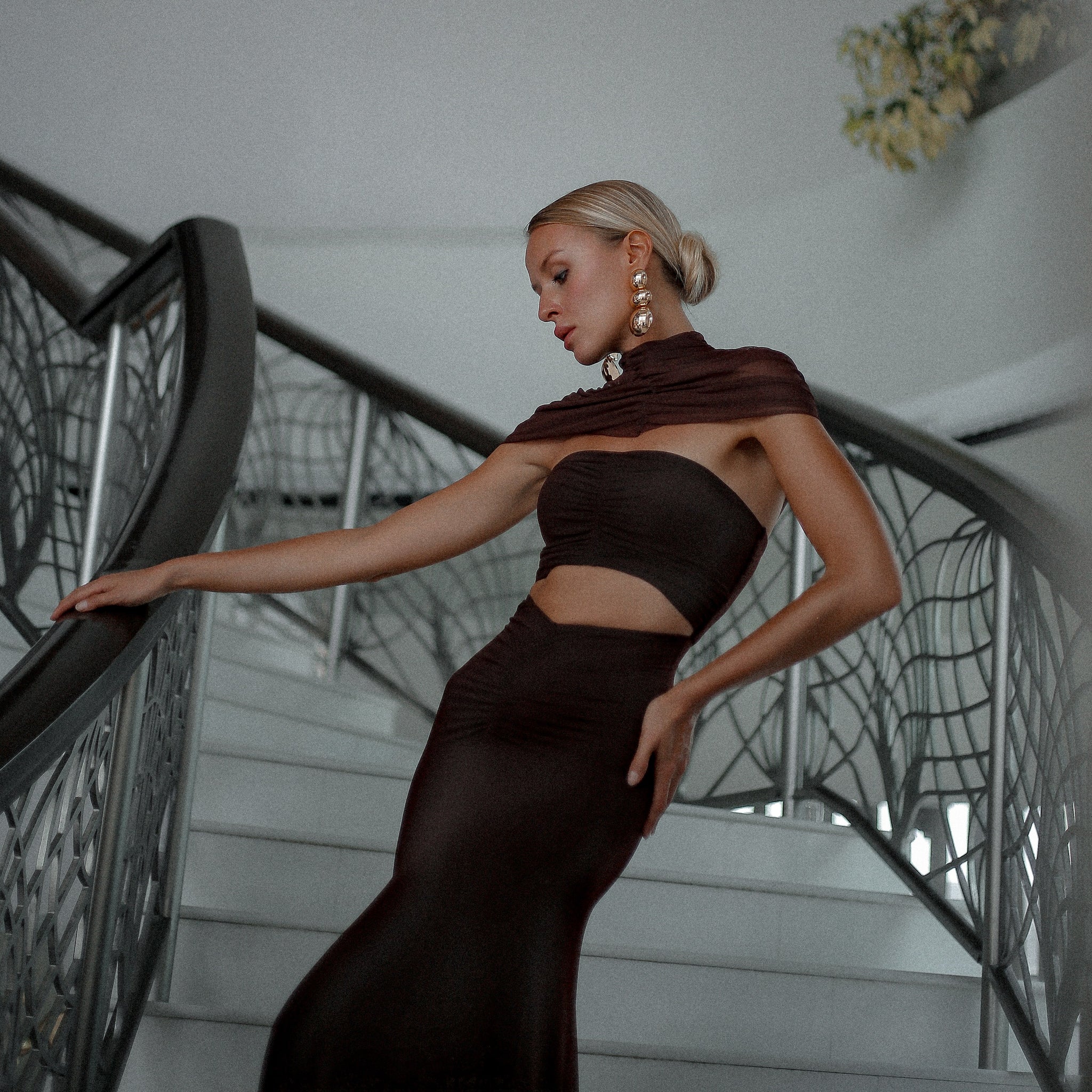 Audley Ruched Fishtail Maxi Dress in Chocolate, Legacy London