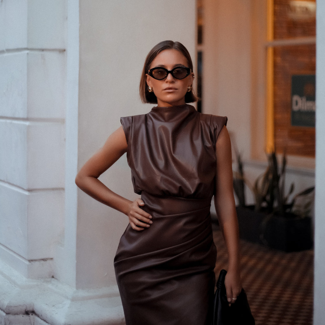 Carlos Sculpted Leather Midi Dress in Dark Brown, Legacy London