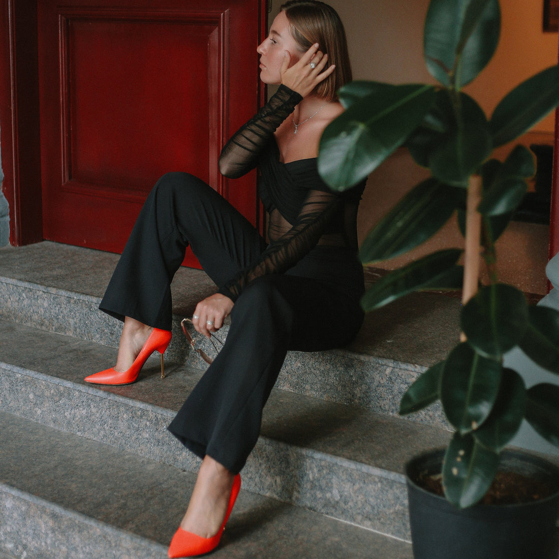 Davies Mesh Bodysuit & Tailored Trousers in Black, Legacy London