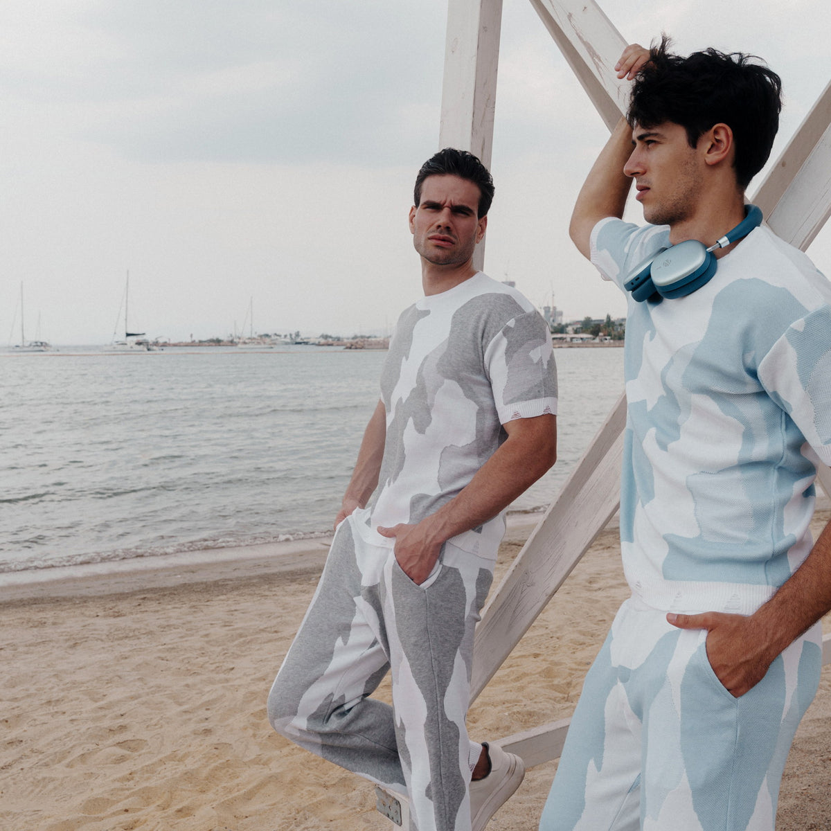 Distressed Crewneck & Jogger Co-ord Set in Light Brown / Sky Blue, Legacy London