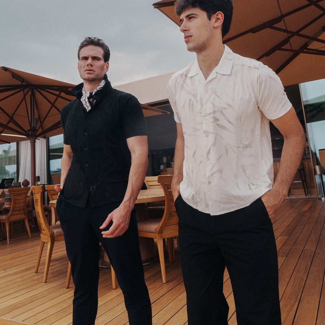 Embossed Leaf Cuban Collar Knit Polo in Brown / Green, Legacy London