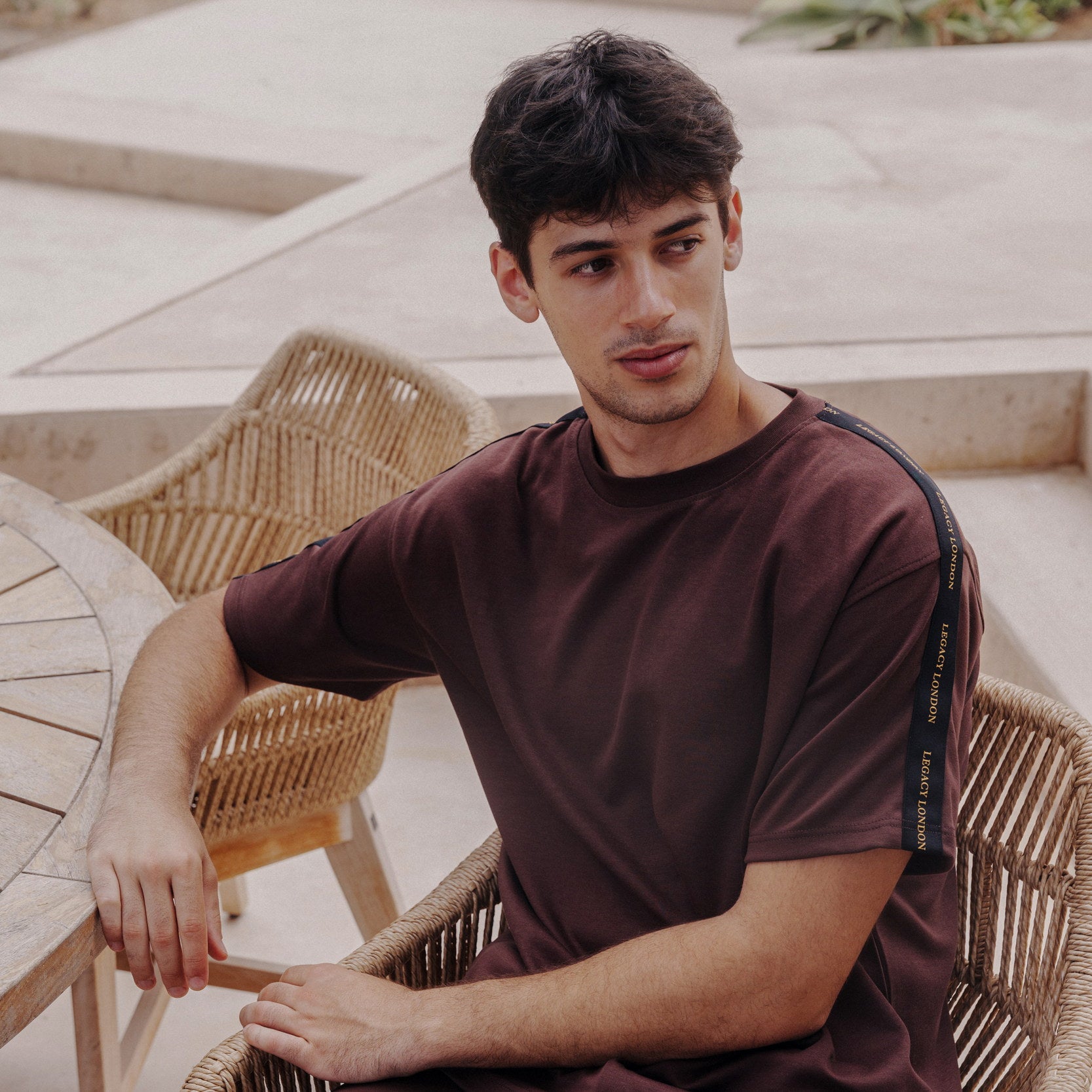 Tape-Detail Oversized T-Shirt in Dark Brown / White, Legacy London