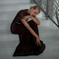 Audley Ruched Fishtail Maxi Dress in Chocolate, Legacy London