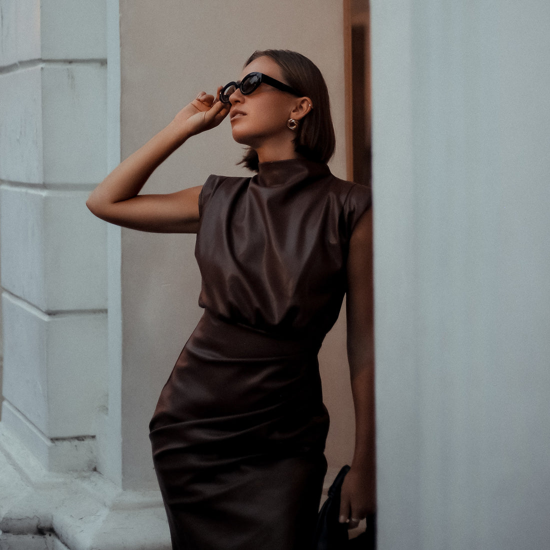 Carlos Sculpted Leather Midi Dress in Dark Brown, Legacy London