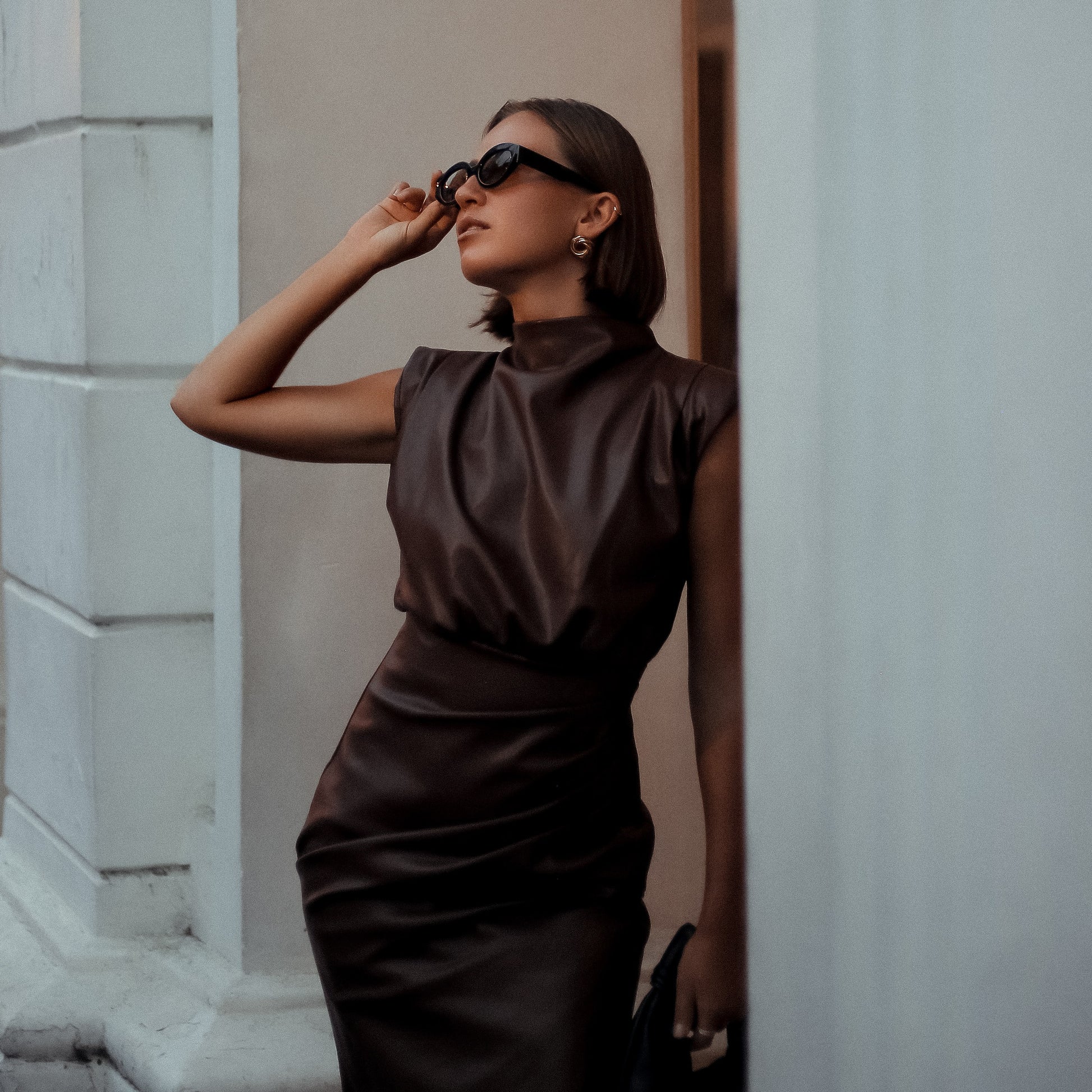 Carlos Sculpted Leather Midi Dress in Dark Brown, Legacy London
