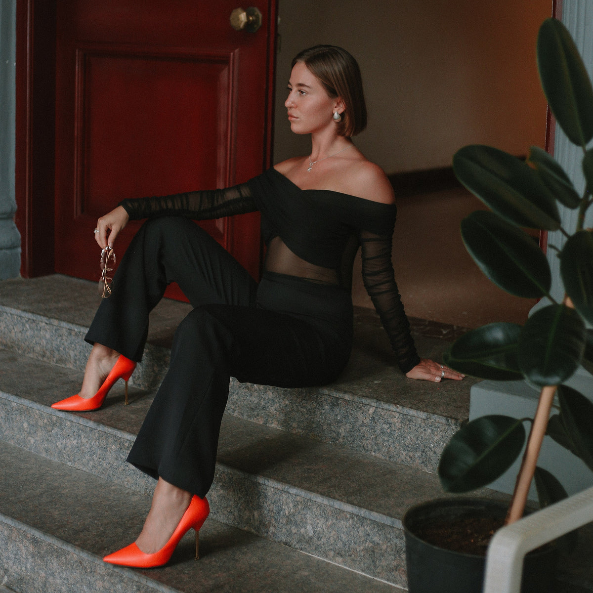 Davies Mesh Bodysuit & Tailored Trousers in Black, Legacy London