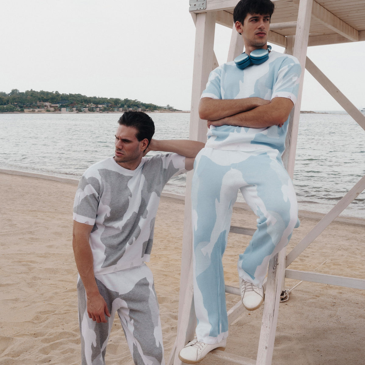 Distressed Crewneck & Jogger Co-ord Set in Light Brown / Sky Blue, Legacy London