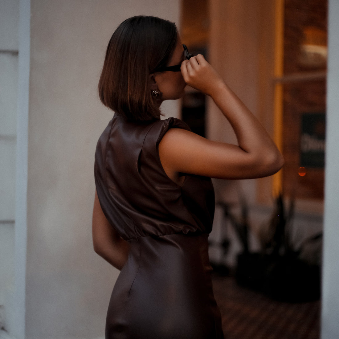 Carlos Sculpted Leather Midi Dress in Dark Brown, Legacy London