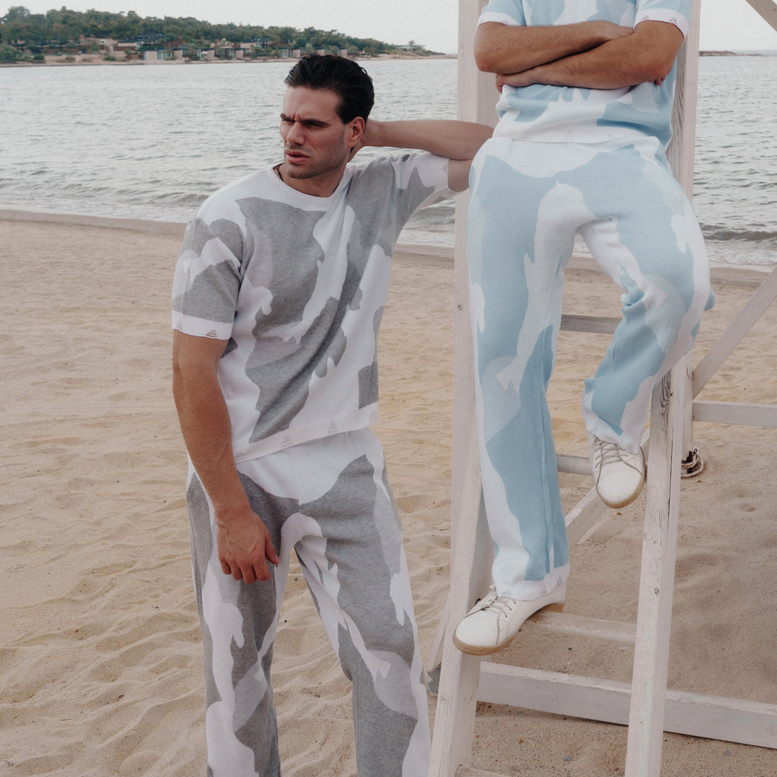 Distressed Crewneck & Jogger Co-ord Set in Light Brown / Sky Blue, Legacy London