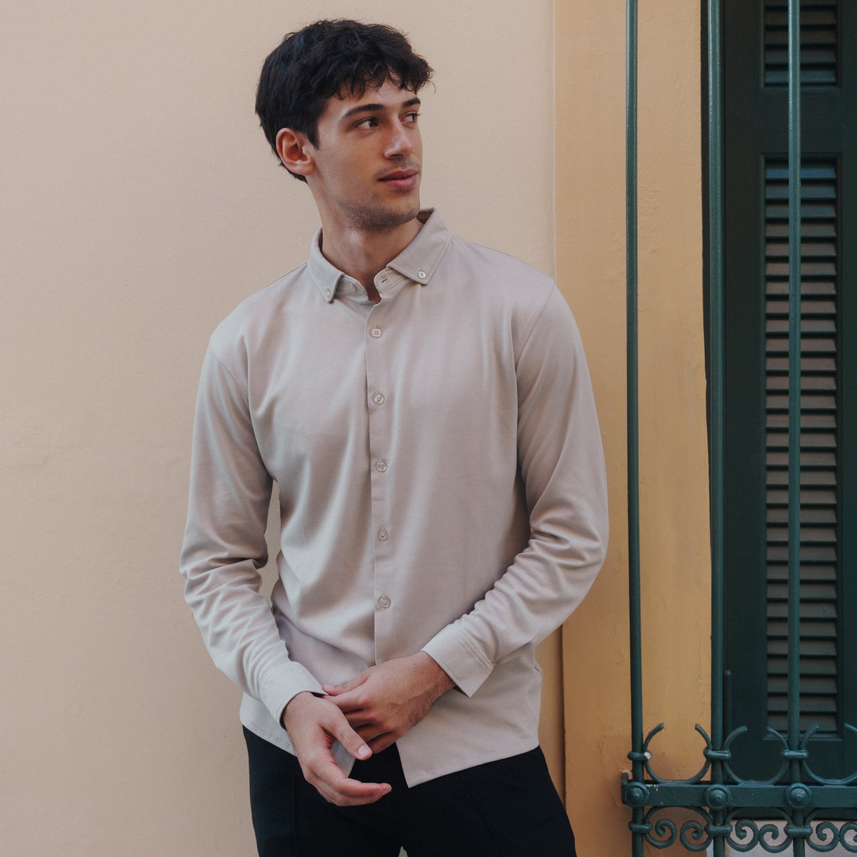 Forma Long-Sleeved Knit Shirt in Off White, Legacy London
