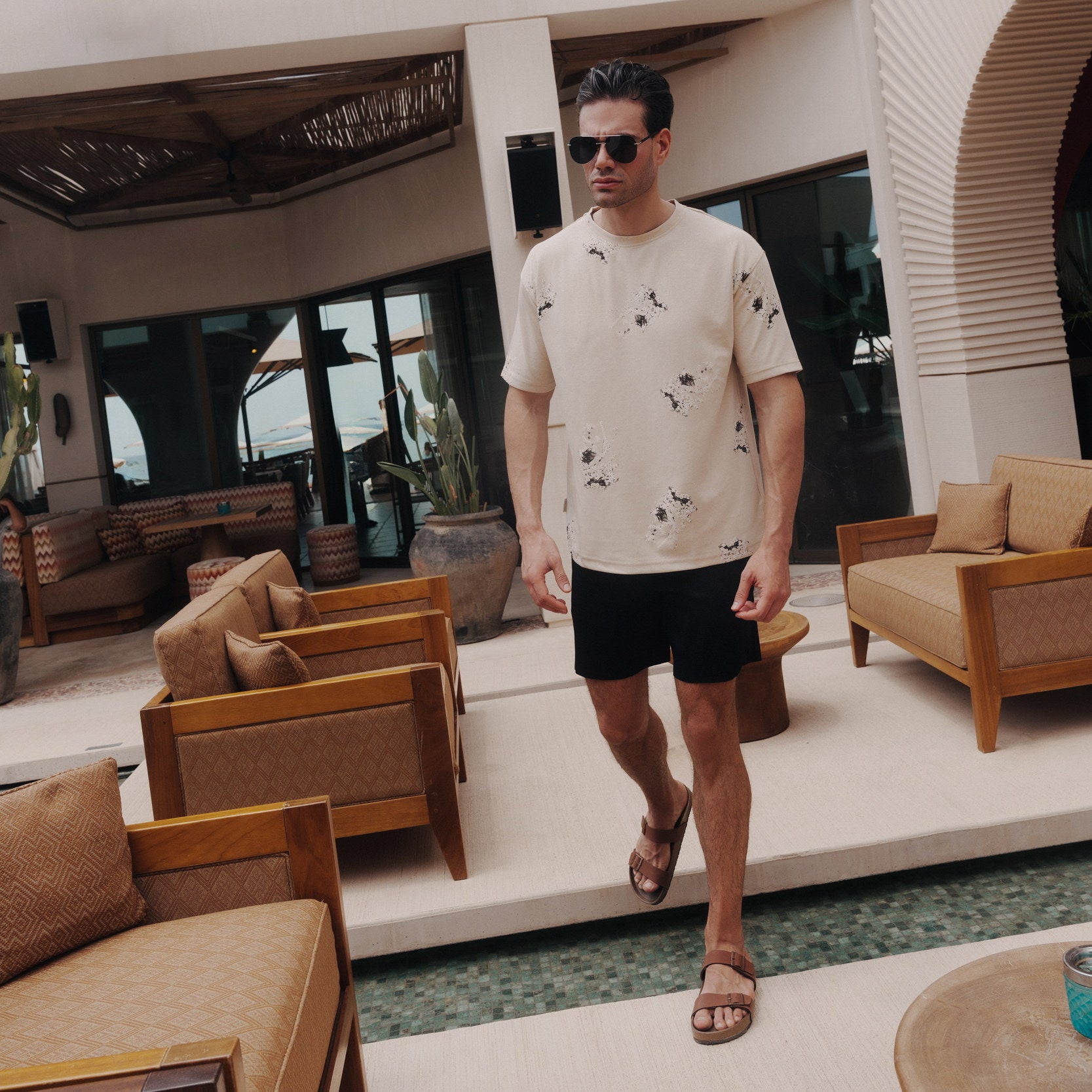 Legacy Abstract Print Oversized Tee in Honey Beige, Legacy London