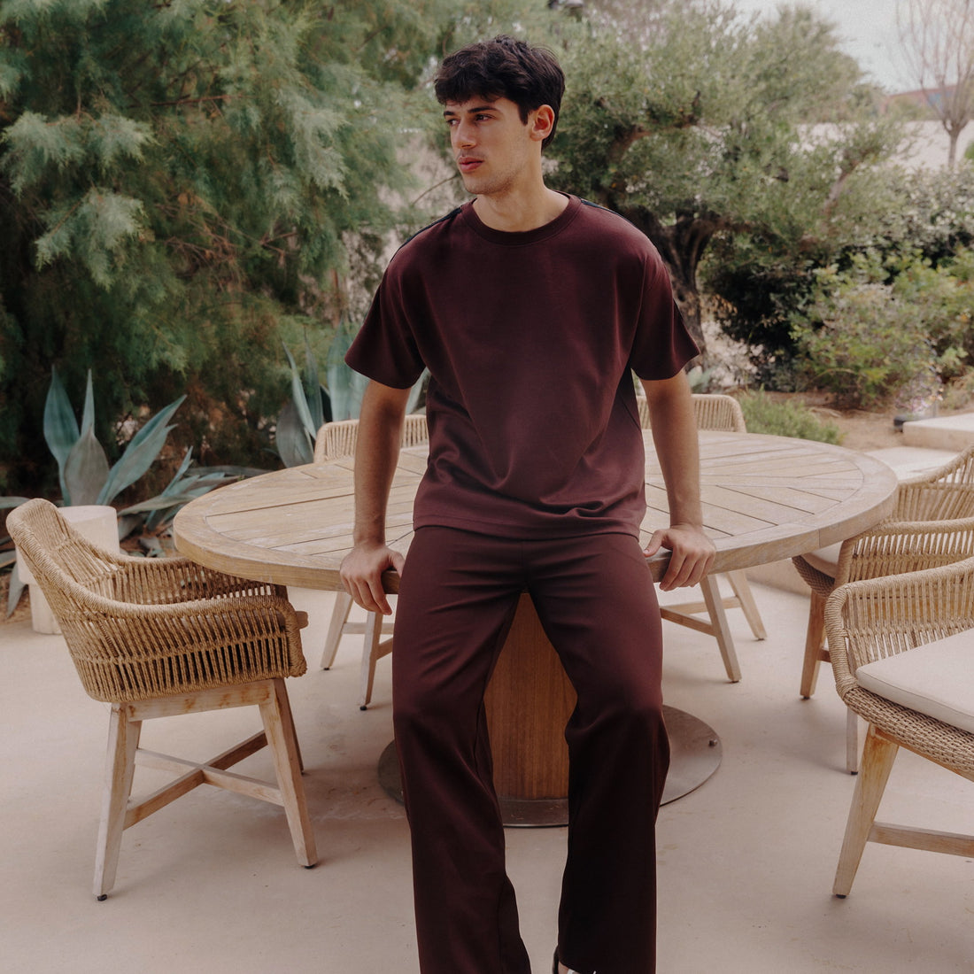Tape-Detail Oversized T-Shirt in Dark Brown / White, Legacy London