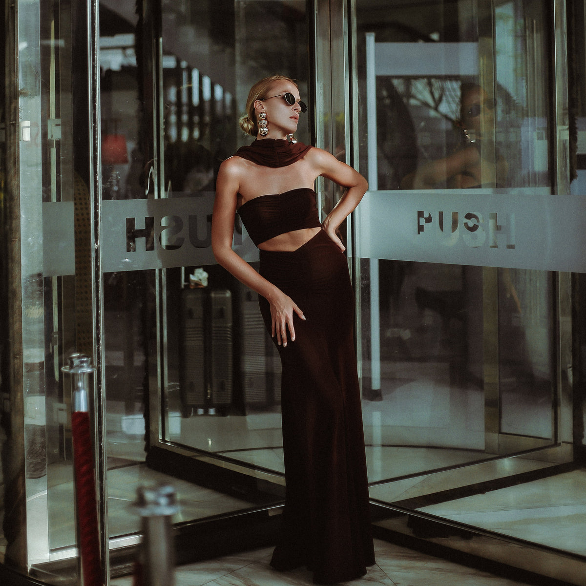 Audley Ruched Fishtail Maxi Dress in Chocolate, Legacy London
