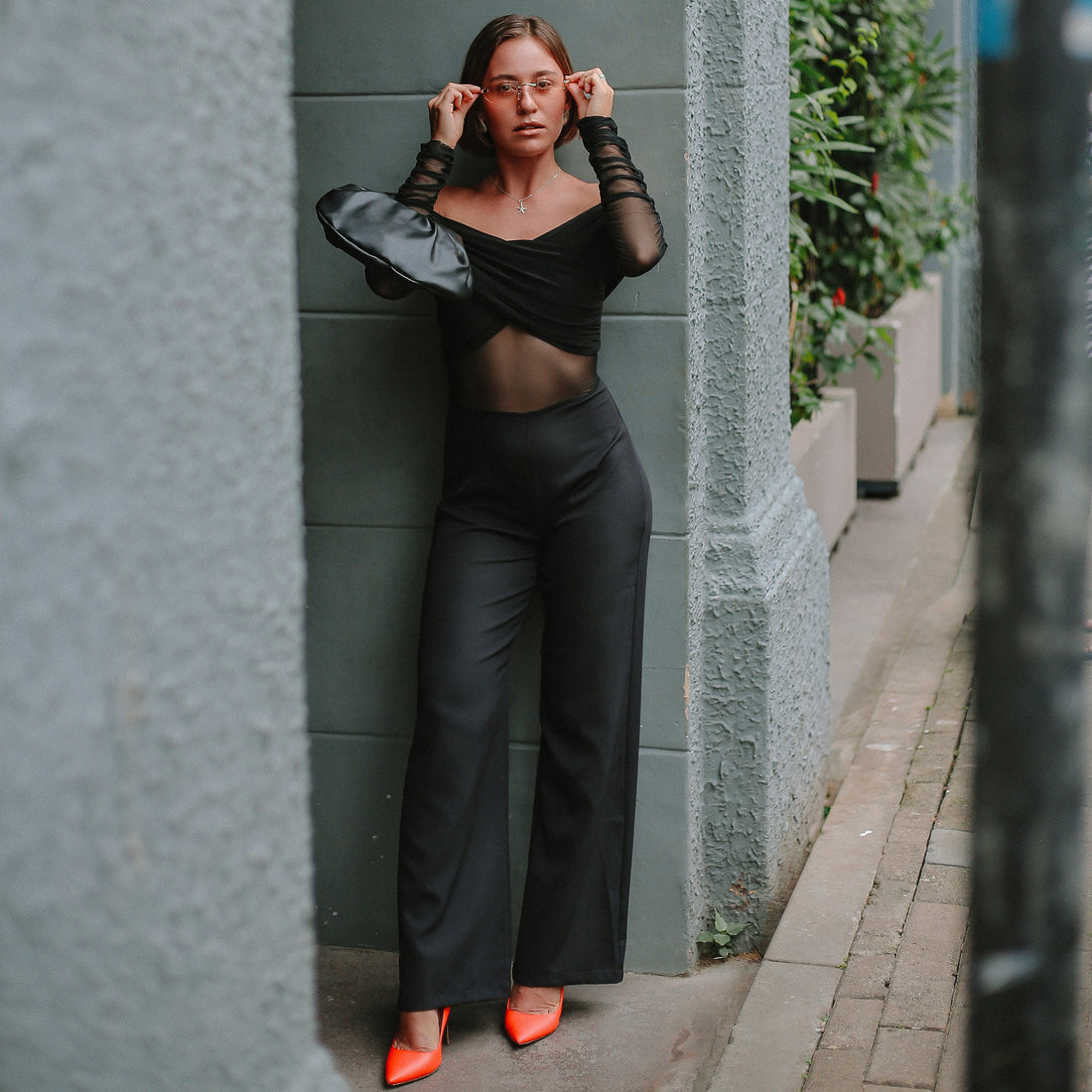 Davies Mesh Bodysuit & Tailored Trousers in Black, Legacy London