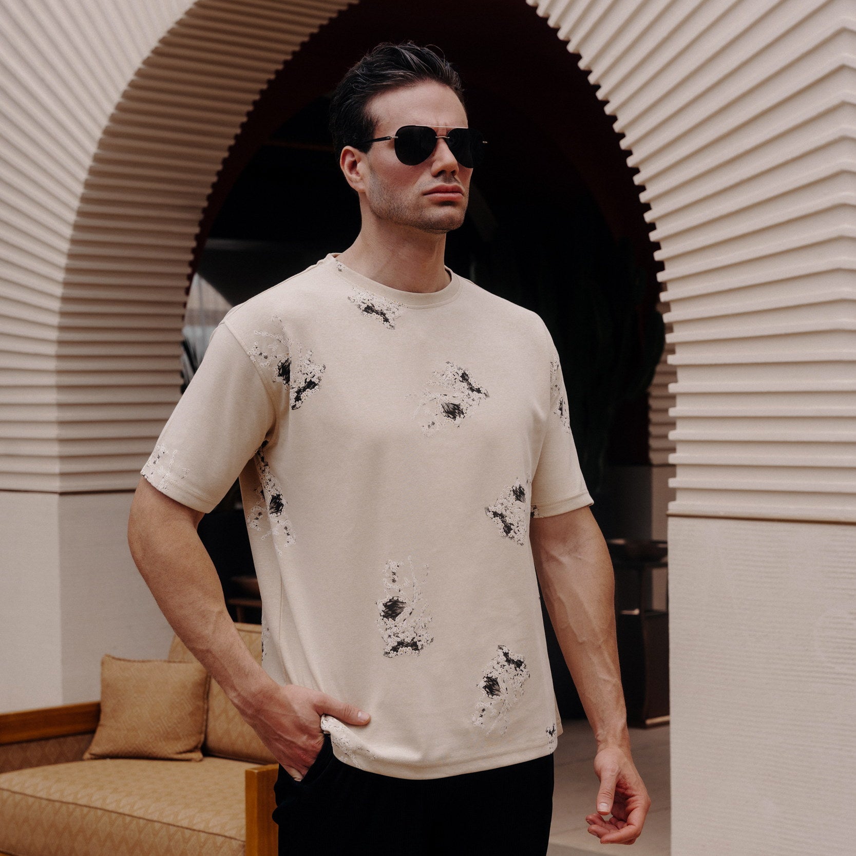 Legacy Abstract Print Oversized Tee in Honey Beige, Legacy London