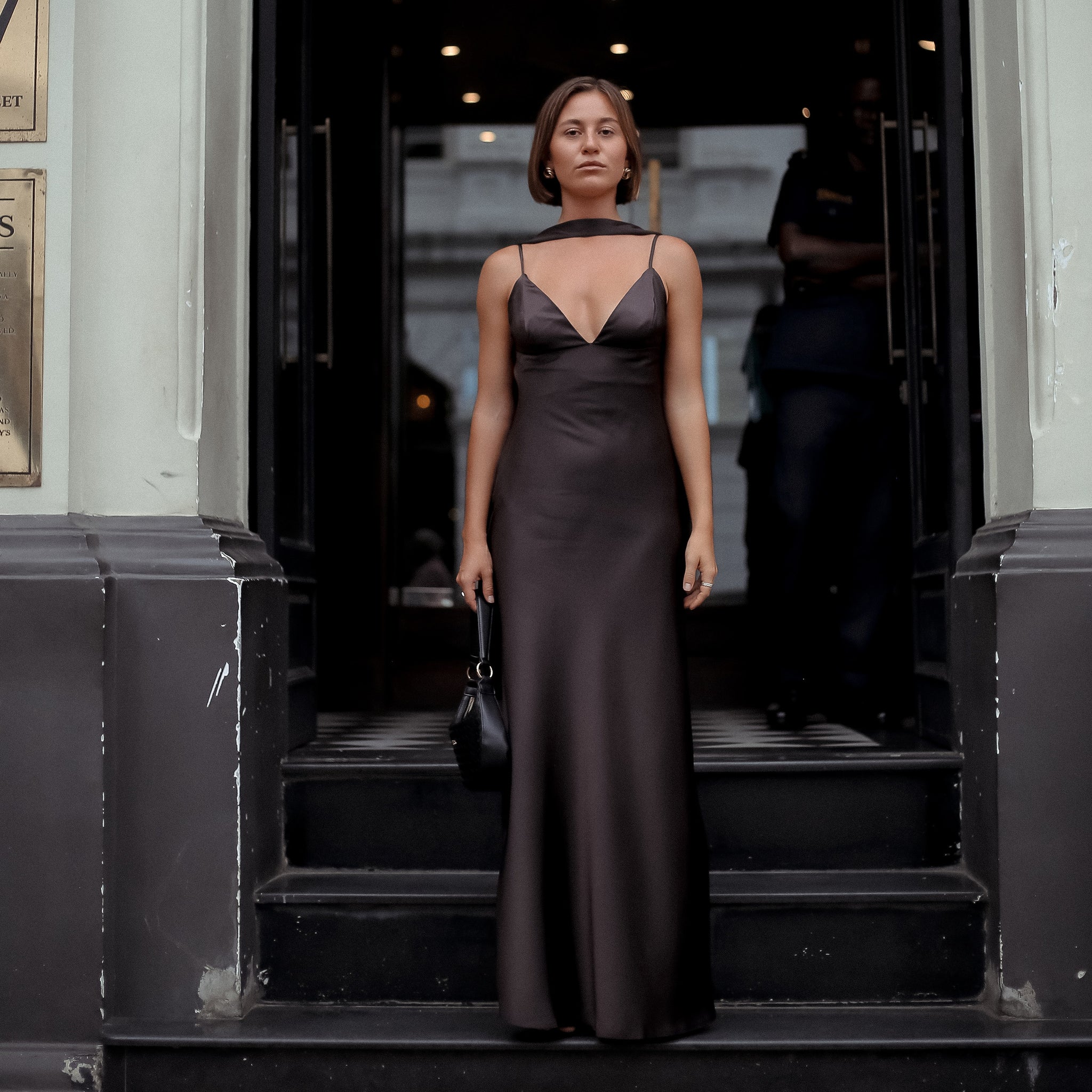 Mount Street Satin Scarf-Neck Maxi Dress in Dark Wine, Legacy London