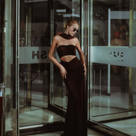 Audley Ruched Fishtail Maxi Dress in Chocolate, Legacy London