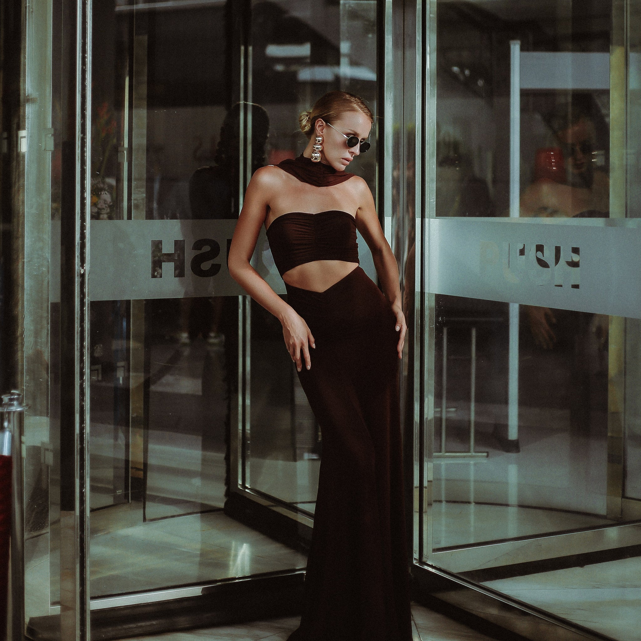 Audley Ruched Fishtail Maxi Dress in Chocolate, Legacy London