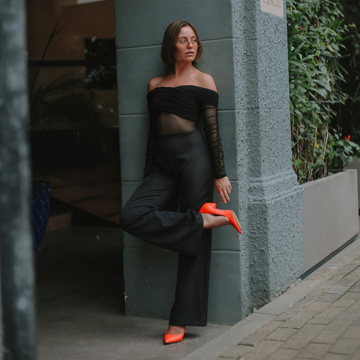 Davies Mesh Bodysuit & Tailored Trousers in Black, Legacy London