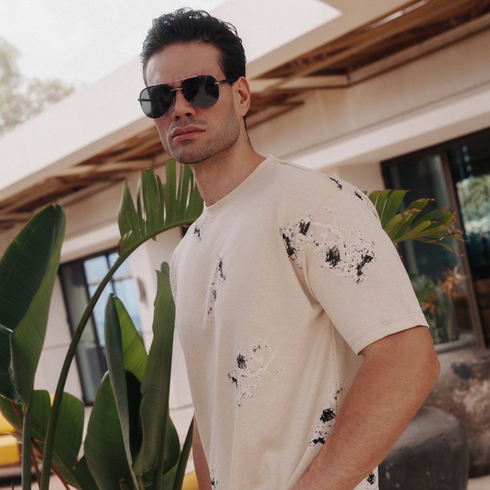 Legacy Abstract Print Oversized Tee in Honey Beige, Legacy London