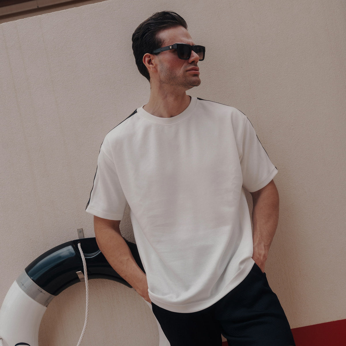 Tape-Detail Oversized T-Shirt in Dark Brown / White, Legacy London